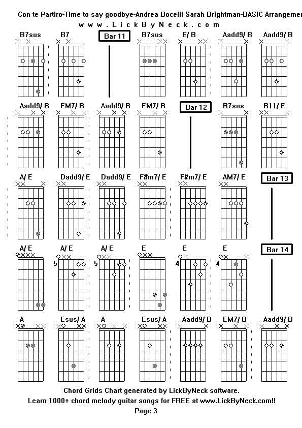 Chord Grids Chart of chord melody fingerstyle guitar song-Con te Partiro-Time to say goodbye-Andrea Bocelli Sarah Brightman-BASIC Arrangement,generated by LickByNeck software.